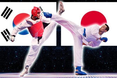 Dos competidores de taekwondo ejecutando patadas altas frente a las banderas de Corea del Sur y Japón 2keecyDzE9g