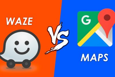 Logotipos de Waze y Google Maps con fondo naranja y azul y un VS central 32Njo9W2aCw