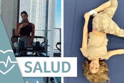 Collage dividido que muestra entrenamiento en gimnasio junto a persona estirada sobre colchoneta azul 38FDP6FL0T4