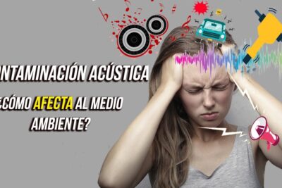 Mujer con manos en la cabeza rodeada de ondas sonoras, altavoces, coche y taladro mostrando contaminación acústica 4O8gG KeeJc