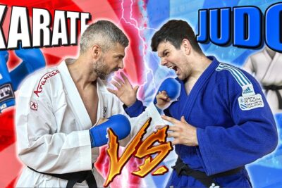 Dos deportistas frente a frente con kimono blanco y azul, guantes azules y texto KARATE y JUDO 53nhoEwapZA
