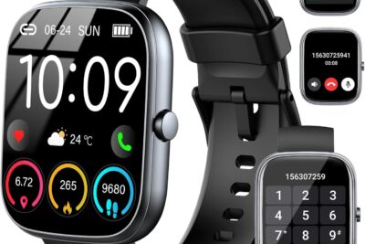 Smartwatch negro rectangular con pantalla a color que muestra hora, iconos de salud y funciones de llamadas