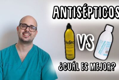 Profesional sanitario con bata verde junto a dos frascos de antisépticos y texto comparativo 7DvZrjsHFuY