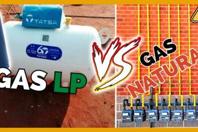 Comparativa visual de Gas LP y Gas Natural G5VpeLldAbA mostrando tanque, cilindro, tuberías, medidores y señal de advertencia