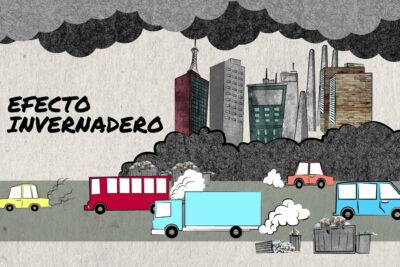 Ilustración urbana con nubes oscuras, edificios, vehículos emitiendo humo y basura mostrando el efecto invernadero GLTCiS6hOT4.