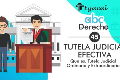 Ilustración de un juez con toga entregando un documento titulado Tutela Judicial Efectiva a un ciudadano frente a un edificio judicial