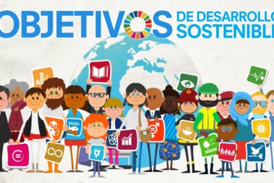Ilustración de personas diversas con iconos de los Objetivos de Desarrollo Sostenible frente a un globo terráqueo