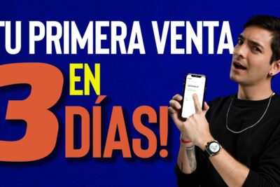 Hombre señalando un teléfono móvil que muestra una venta frente a un fondo azul con texto 'Tu primera venta en 3 días'