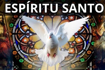 Paloma blanca del Espíritu Santo en vuelo frente a vitral circular colorido OtvR1a7CpQk