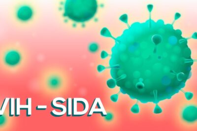 Ilustración en tonos verdes y coral de partículas virales con texto VIH - SIDA, etiquetada TaoZGCPfGXc.
