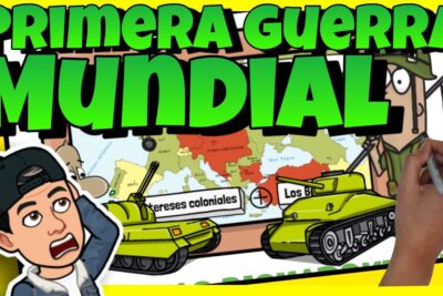 Miniatura colorida sobre la Primera Guerra Mundial con grandes letras verdes, tanques, mapa de Europa y personajes dibujados Um3SOxW9wnA