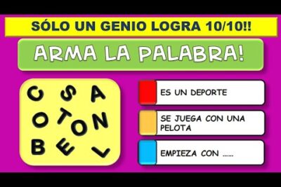 Cartel colorido tipo juego que dice 'Arma la palabra' con letras desordenadas y pistas sobre un deporte que se juega con pelota WIyRCXm2sN0