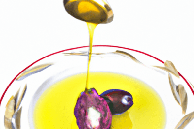 Cuenco con aceite amarillo brillante, una aceituna partida y una cuchara vertiendo aceite, aceite caducado que hacer cuando tus aceites ya no son aptos para el consumo
