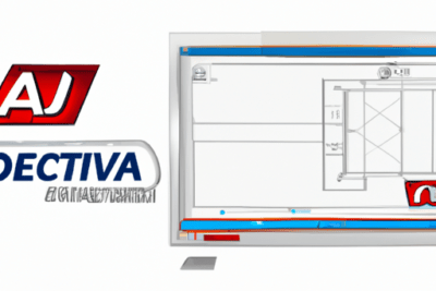 Logotipo rojo y azul junto a una pantalla con plano técnico, útil para activar autocad 2020 con licencia caducada