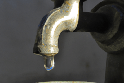 Grifo metálico oxidado con una gota en primer plano que ilustra la pregunta agua caducada es seguro beberla