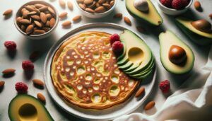 Tortita dorada con rodajas de aguacate, almendras y frambuesas acompañando aji de gallina fit sabor sin calorias extra