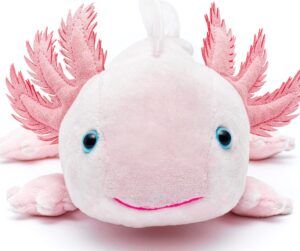 Peluche ajolote rosa con branquias plumosas y ojos azules, ideal para ajolote para ninos datos curiosos diversion y aprendizaje.
