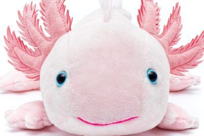Peluche ajolote rosa con branquias plumosas y ojos azules, ideal para ajolote para ninos datos curiosos diversion y aprendizaje.