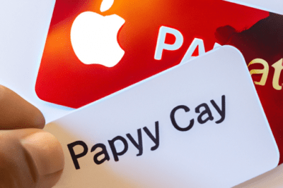 Tarjeta Apple Pay roja con logo y una tarjeta blanca con texto, ilustrando apple pay tarjeta caducada que debes saber