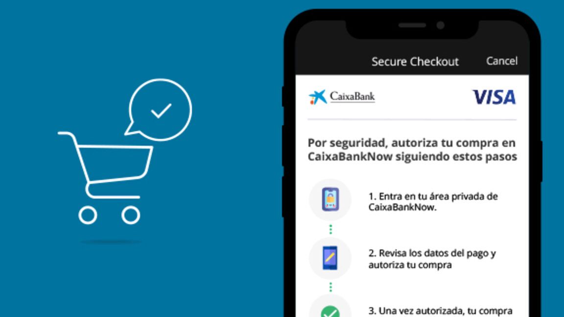 Pantalla de smartphone con instrucciones y un icono de carrito que muestra cómo aprende a usar la firma digital del banco nacional en solo 3 pasos para autorizar compras