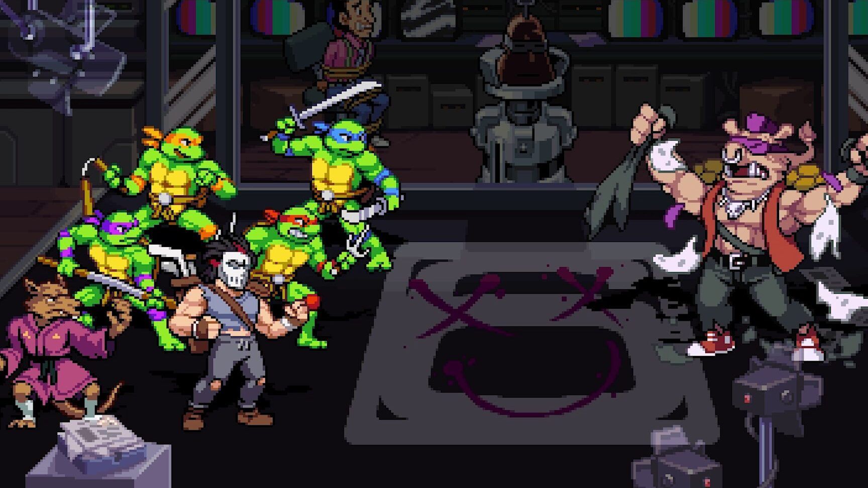 Aprende a usar usb bt joystick center y disfruta al maximo tus juegos 1, ilustración pixelada de cuatro tortugas mutantes armadas enfrentando a un villano en un escenario urbano retro