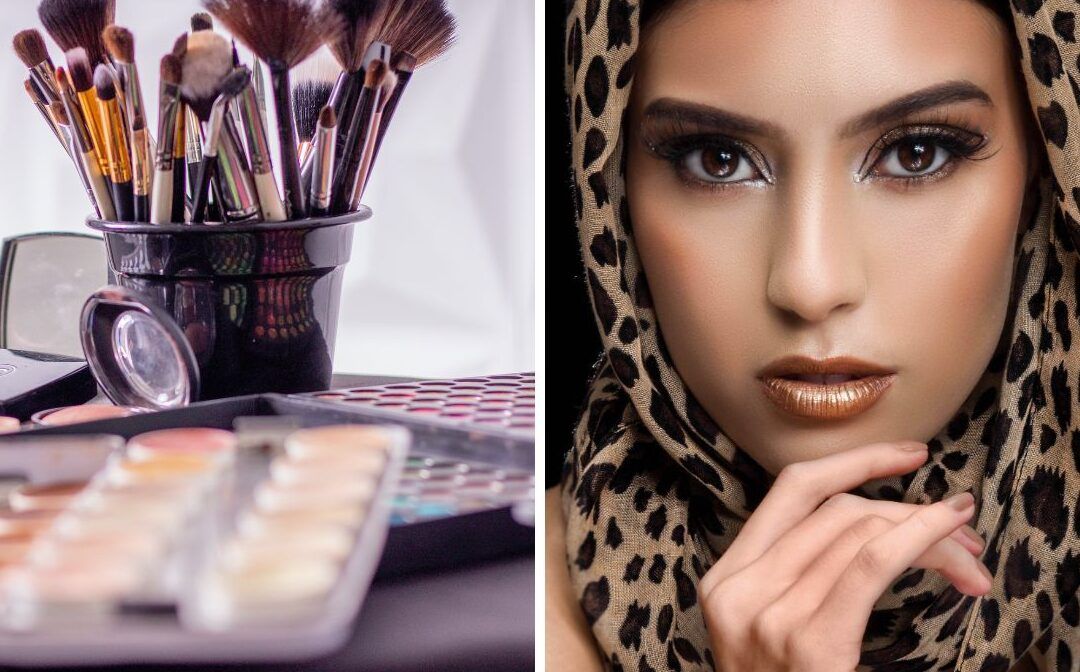 Primer plano de rostro maquillado con ojos iluminados y set de brochas y paleta, aprende el secreto para lucir una mirada radiante con iluminador en los ojos.