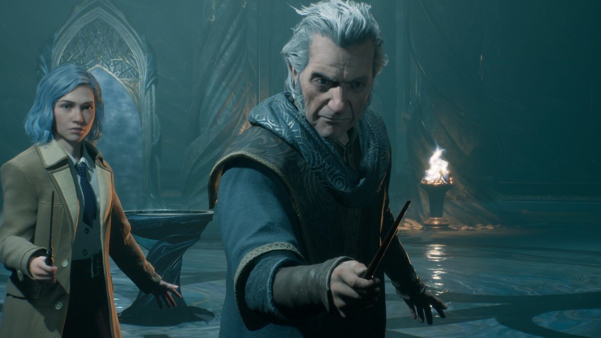 Dos personajes en una sala mística sostienen varitas junto a un cuenco, aprende los secretos como usar las pociones en hogwarts legacy
