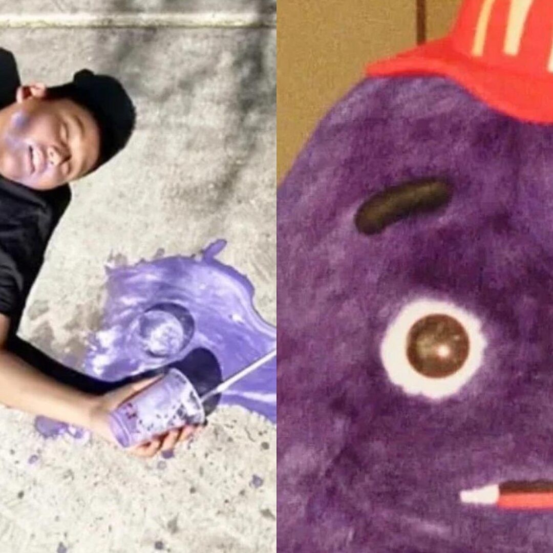 Atencion el nuevo meme viral que buena noticia 1: persona tumbada junto a vaso morado derramado y primer plano de muñeco morado con ojo grande