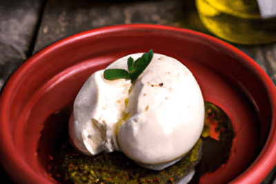 Burrata servida en un cuenco rojo con aceite y hierbas, ilustración para burrata caducada que hacer cuando el tiempo se acaba.