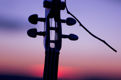 Silueta de la cabeza de un violín y una rama contra un cielo púrpura al atardecer que sugiere una cancion de amor caducada la triste realidad del desamor.