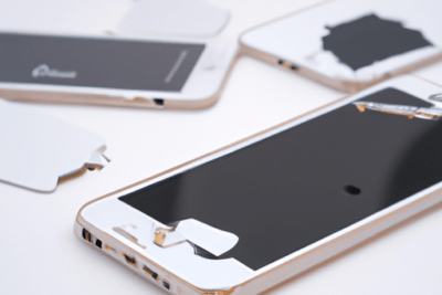 IPhones desmontados con pantallas rotas y piezas sueltas en una superficie, cobertura caducada del iphone la solucion a tus problemas.