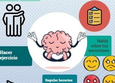 Infografía con ilustración de un cerebro y textos sobre como aumentar la conciencia sobre la salud mental consejos efectivos mediante paseos, ejercicio, rutinas y expresión emocional