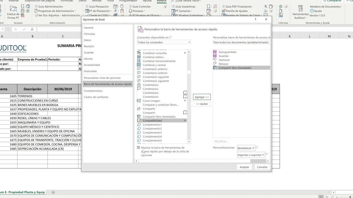 Ventana de Opciones de Excel mostrando la personalización de la barra de herramientas para como compartir y utilizar excel con varios usuarios de forma sencilla 1