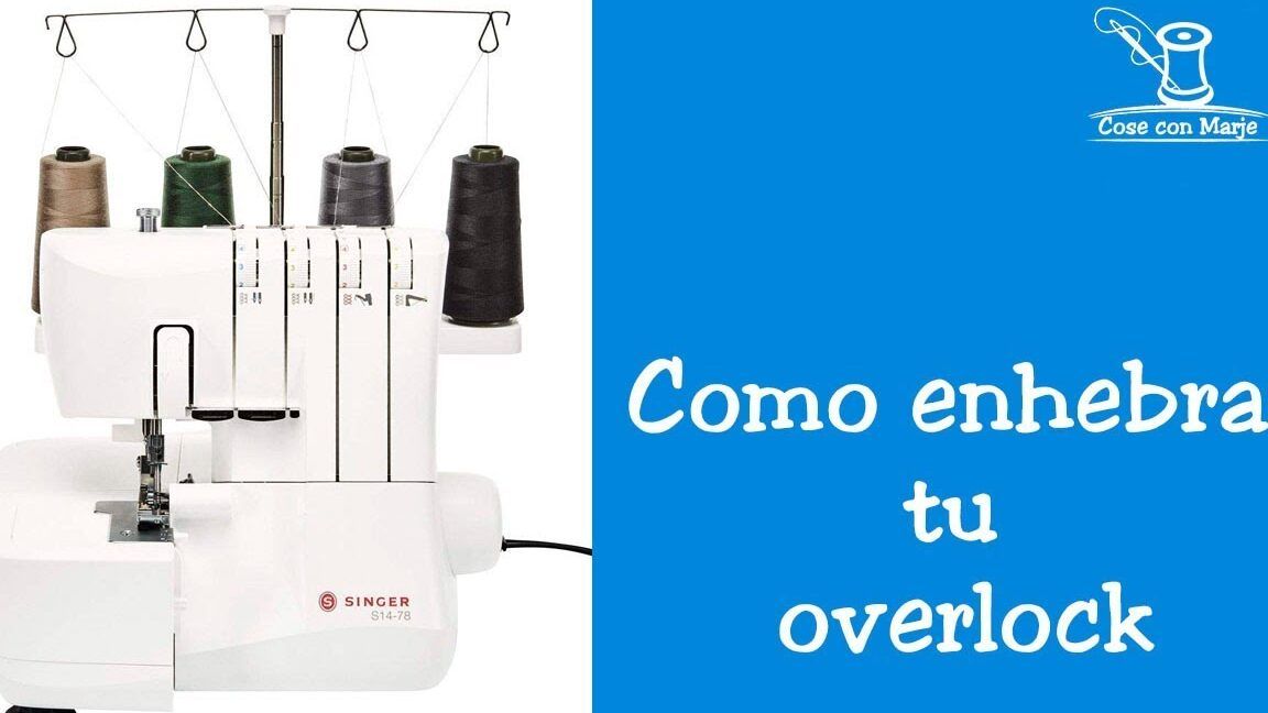 Imagen que muestra como enhebrar la remalladora lidl en 5 sencillos pasos con una remalladora blanca y varios conos de hilo.