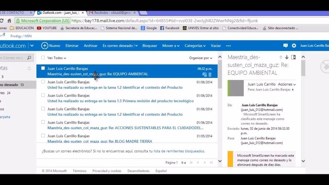 Captura de pantalla de una bandeja de entrada que muestra mensajes y opciones para como evitar el spam o correo no deseado en tu bandeja de entrada