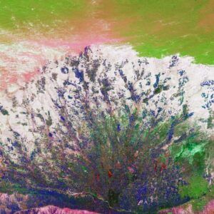 Imagen satelital de un abanico aluvial con canales ramificados y parches verdes que invita a estudiar como ha cambiado afganistan