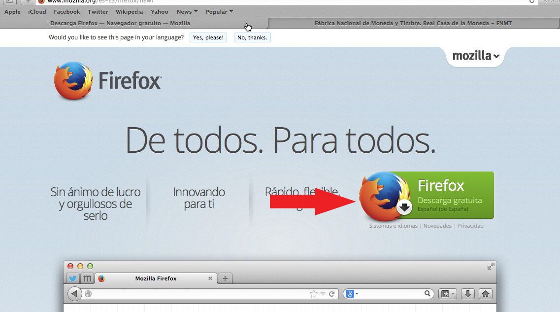 Página de descarga de Firefox en español con botón destacado que sirve como referencia para como instalar lector de dni electronico en mac paso a paso.