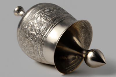 Objeto metálico decorativo con acabado dorado y texturas pulidas y rugosas sobre fondo gris, ideal para ilustrar temas sobre como reconocer y utilizar jalea real caducada de forma segura