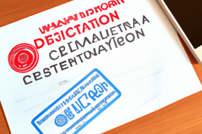 Documento con sellos de certificación y un móvil sobre un escritorio que ilustra como renovar un certificado digital si esta caducado.