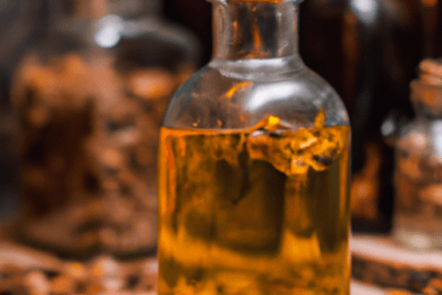 Frasco de vidrio con aceite dorado y pétalos secos que ilustra como saber si el aceite de rosa mosqueta esta caducado.