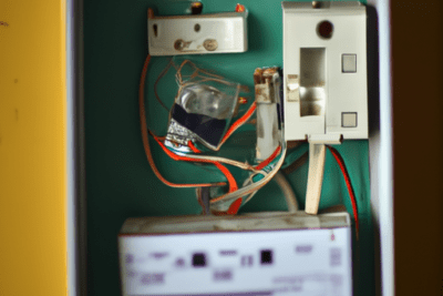 Caja eléctrica abierta con interruptor, fusible y cables expuestos, ejemplo práctico para como saber si el boletin electrico esta caducado