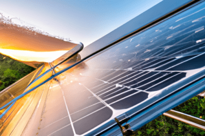 Paneles solares brillando al amanecer con reflejos y superficies limpias que evocan cómo saber si un protector solar esta caducado