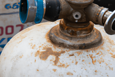 Tanque blanco con óxido y válvula corroída que ilustra como saber si un tanque de oxigeno esta caducado