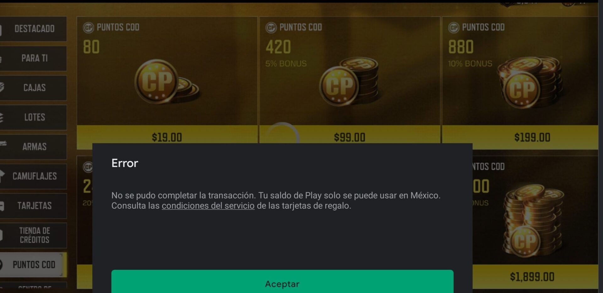 Pantalla de error que indica que el saldo de Play solo se puede usar en México y explica como usar el saldo de google play de otro pais guia completa