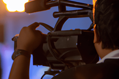 Operador de cámara profesional filmando bajo luces, imagen que evoca procesos de archivo y como ver una grabacion caducada en zoom.