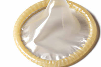 Preservativo desenfundado con lubricante sobre fondo blanco, ilustración para condon caducado