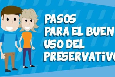 Pareja ilustrada junto a texto informativo sobre pasos para que el condon queda correctamente