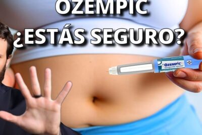 Persona con un inyector Ozempic junto al abdomen y gesto de advertencia sobre consecuencias graves.