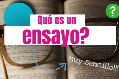 Gafas sobre libro abierto con letrero 'Qué es un ensayo?' y elementos gráficos cqNTE3VP8Ic