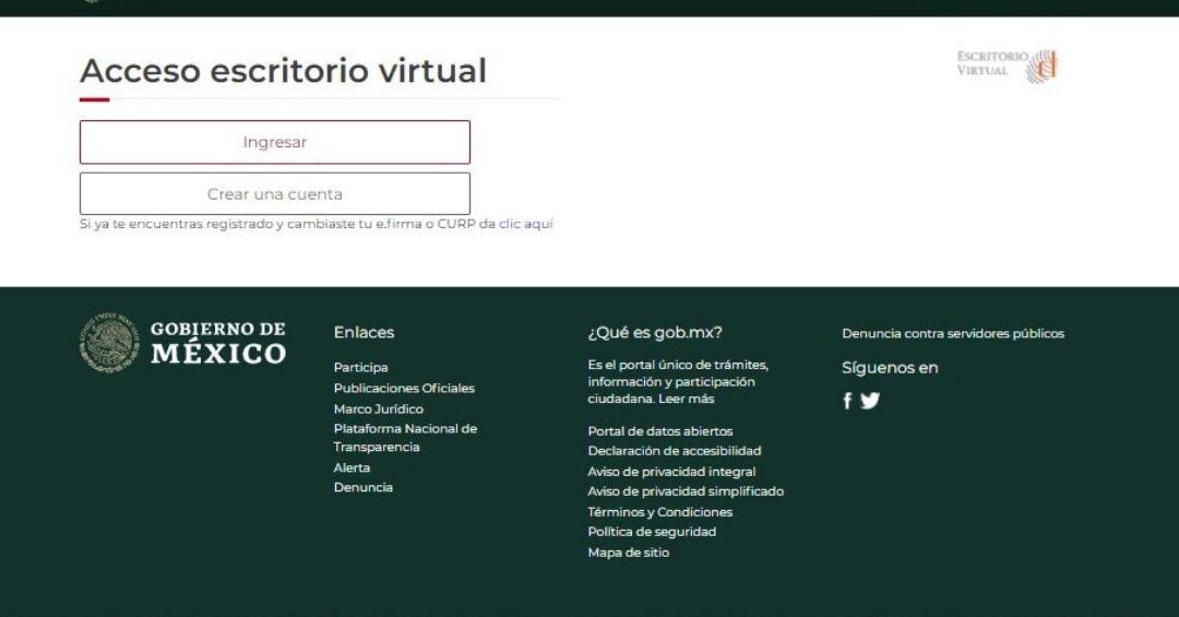 Pantalla de acceso al escritorio virtual del Gobierno de México con botones para ingresar y crear una cuenta, cual es la unidad familiar del imss que te corresponde descubre aqui